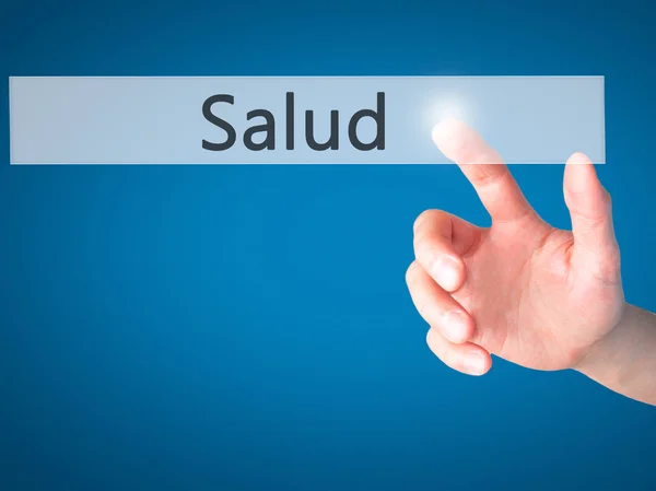 Salud - Mano premendo un pulsante sul concetto di sfondo sfocato su — Foto Stock