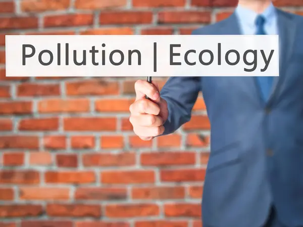 Ekologi förorening-affärsman hand innehav Sign — Stockfoto