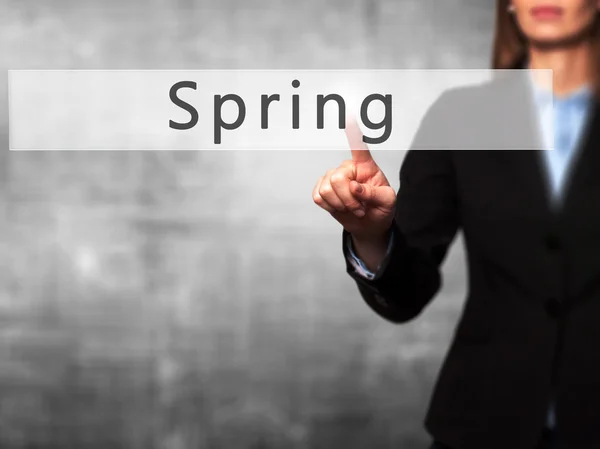 Весна - Деловая женщина вручную нажав кнопку на сенсорный экран Inte — стоковое фото
