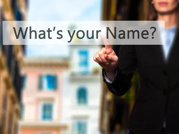 Mi a neved - üzletasszony nyomja a kezét s érint gomb — Stock Fotó