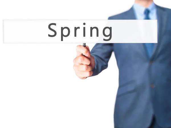 Весна - деловой человек, держащий за руку знак — стоковое фото