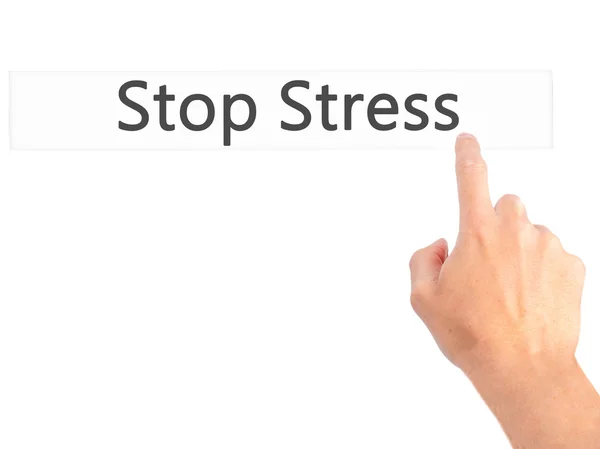 Stop Stress - Mão pressionando um botão no fundo borrado conce — Fotografia de Stock