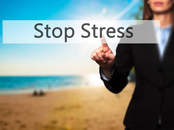 Stoppa Stress - affärskvinna handen trycka knappen på pekskärm — Stockfoto