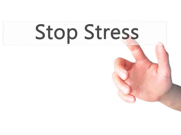 Stop Stress - Mão pressionando um botão no fundo borrado conce — Fotografia de Stock