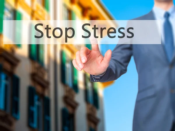 Stop Stress - Empresario pulsando el botón de mano en la pantalla táctil i —  Fotos de Stock