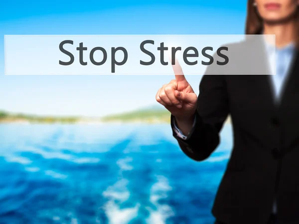 Stop Stress - Empresaria pulsando el botón de mano en la pantalla táctil —  Fotos de Stock
