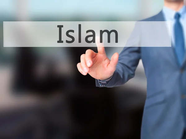 Islam - zakenman hand dringende knop op touch scherm makkelijk — Stockfoto