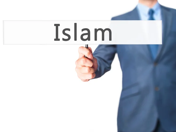 Ισλάμ - επιχειρηματίας χέρι κρατάει πινακίδα — Φωτογραφία Αρχείου