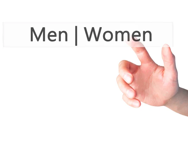 Erkek kadın - arka plan bulanık kavramı üzerinde bir düğmeye basarak el — Stok fotoğraf