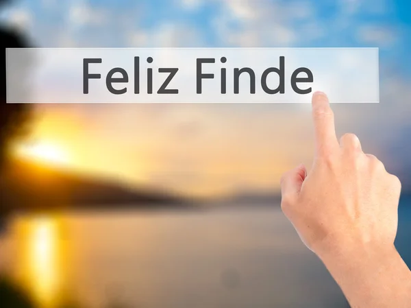 Feliz Finde (Feliz fim de semana em espanhol) - Mão pressionando um botão — Fotografia de Stock