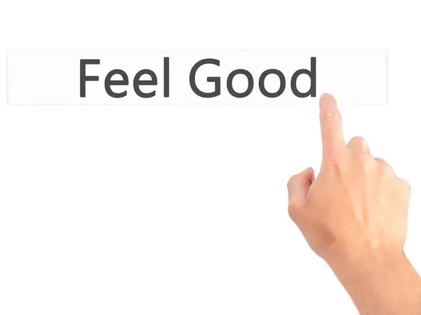 Feel Good - Bulanık arka plan konseptinde düğmeye basarak el ele — Stok fotoğraf