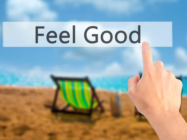 Feel Good - Bulanık arka plan konseptinde düğmeye basarak el ele — Stok fotoğraf