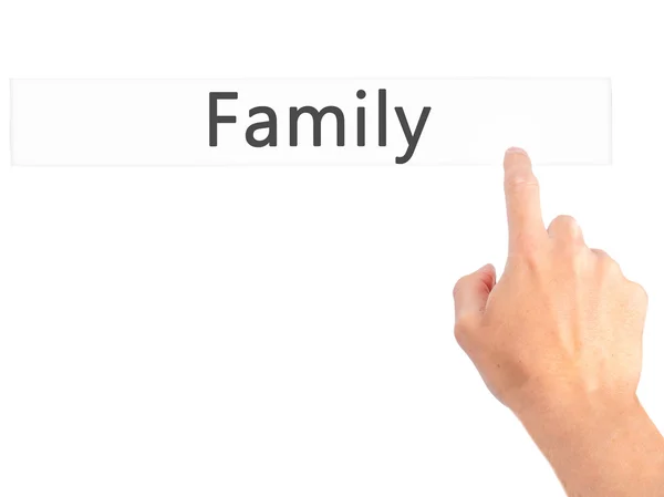 Familia - Mano presionando un botón sobre el concepto de fondo borroso en —  Fotos de Stock