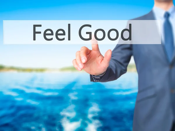 Feel good - dokunmatik ekran int işadamı el basarak düğmesini — Stok fotoğraf