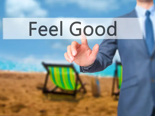 Feel good - dokunmatik ekran int işadamı el basarak düğmesini — Stok fotoğraf
