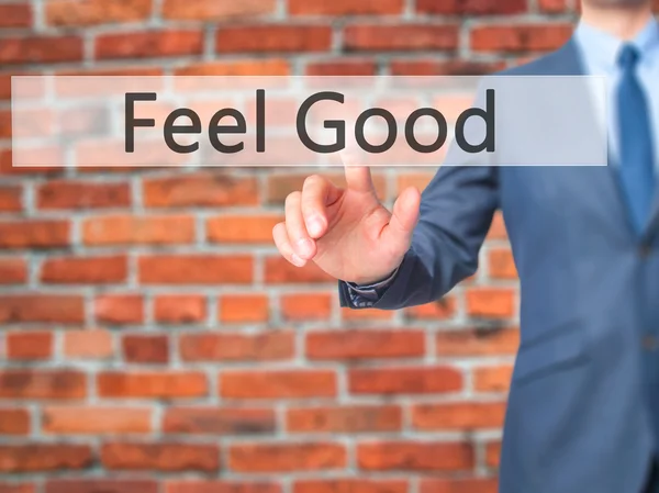 Feel good - dokunmatik ekran int işadamı el basarak düğmesini — Stok fotoğraf