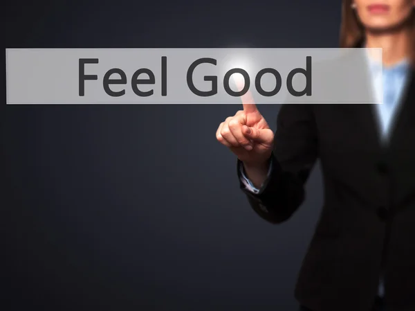 Feel Good - üzletasszony nyomja a kezét gomb-on érint képernyő, i — Stock Fotó