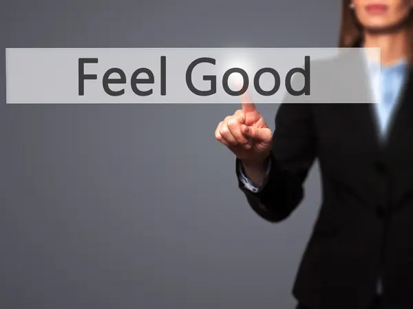 Feel Good - üzletasszony nyomja a kezét gomb-on érint képernyő, i — Stock Fotó