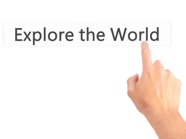 Fedezze fel a világ - kéz egy gomb lenyomásával elmosódott háttér — Stock Fotó