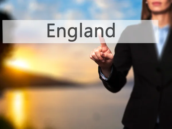 Anglia - üzletasszony nyomja a kezét gomb-on érint képernyő int — Stock Fotó