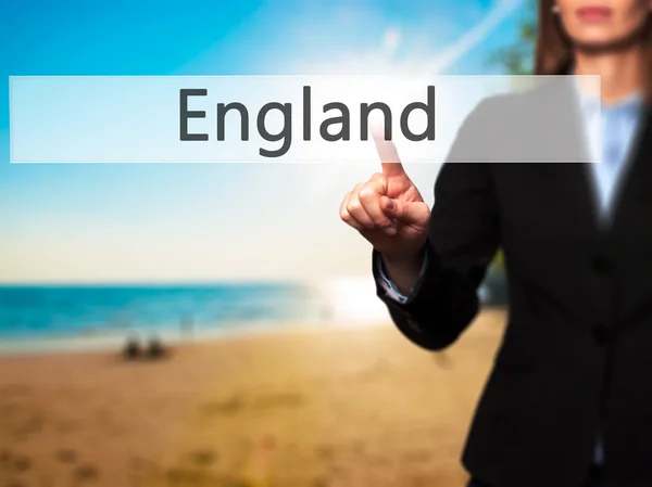 England - zakenvrouw hand dringende knop op touch scherm int — Stockfoto