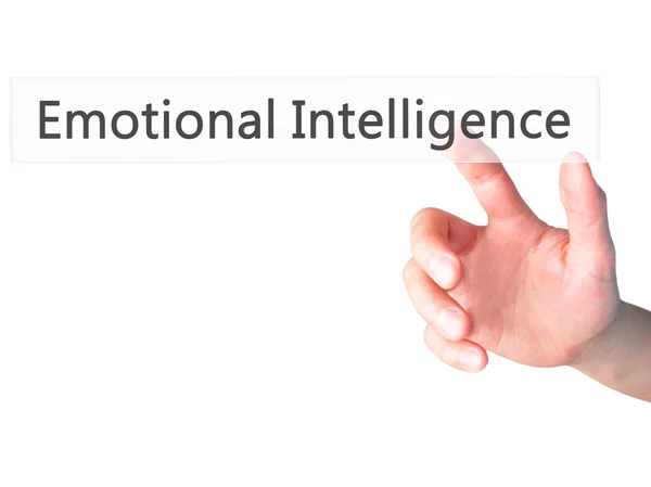 Emotional Intelligence - Hand pressing a button on blurred backg — Stock Photo, Image