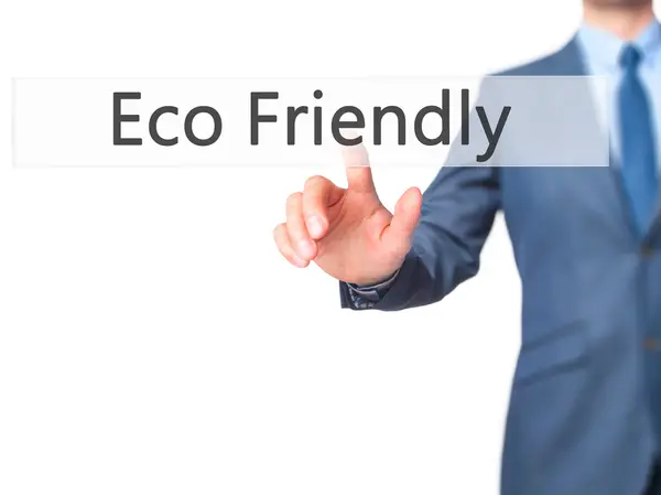 Eco Friendly-biznesmen naciśnięcie przycisku na ekranie dotykowym — Zdjęcie stockowe