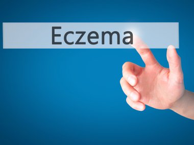 Eczema - Hand pressing a button on blurred background concept on clipart
