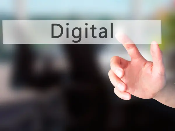 Digital-hand indrukken van een knop op wazig achtergrond concept o — Stockfoto