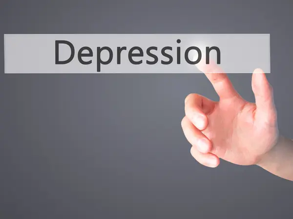 Depresja-ręczne naciśnięcie przycisku na niewyraźne tło — Zdjęcie stockowe