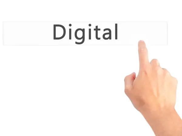 Digital-hand indrukken van een knop op wazig achtergrond concept o — Stockfoto