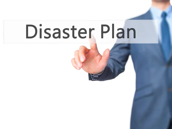 Disaster Plan - Businessman hand pushing button on touch screen — Stock Photo, Image