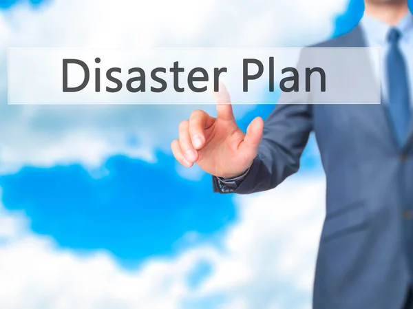 Disaster Plan - Businessman hand pushing button on touch screen — Stock Photo, Image
