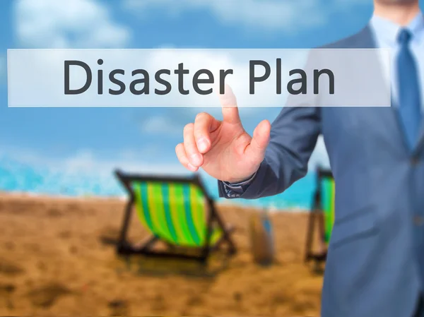 Disaster Plan - Businessman hand pushing button on touch screen — Stock Photo, Image