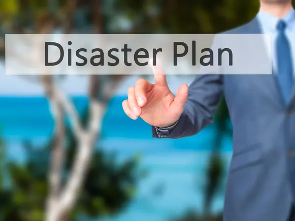 Disaster Plan - Businessman hand pushing button on touch screen — Stock Photo, Image