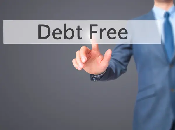 Debt Free - biznesmen ręcznie, naciskając przycisk na ekranie dotykowym — Zdjęcie stockowe