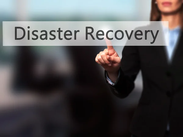 Disaster Recovery - Business woman point finger on push touch sc — Stock Photo, Image