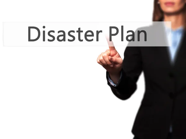 Disaster Plan - Business woman point finger on push touch screen — Stock Photo, Image