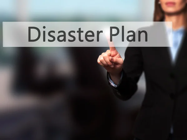 Disaster Plan - Business woman point finger on push touch screen — Stock Photo, Image