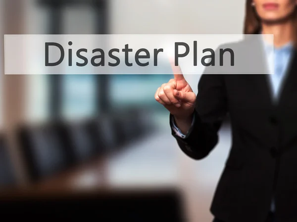Disaster Plan - Business woman point finger on push touch screen — Stock Photo, Image