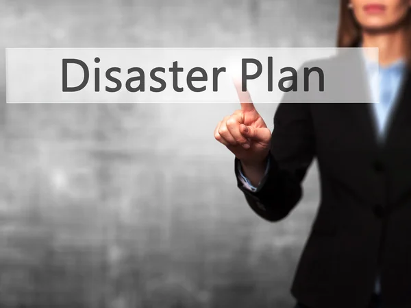 Disaster Plan - Business woman point finger on push touch screen — Stock Photo, Image