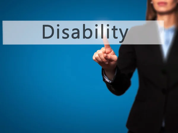 Disability - Business woman point finger on push touch screen an — Stock Photo, Image