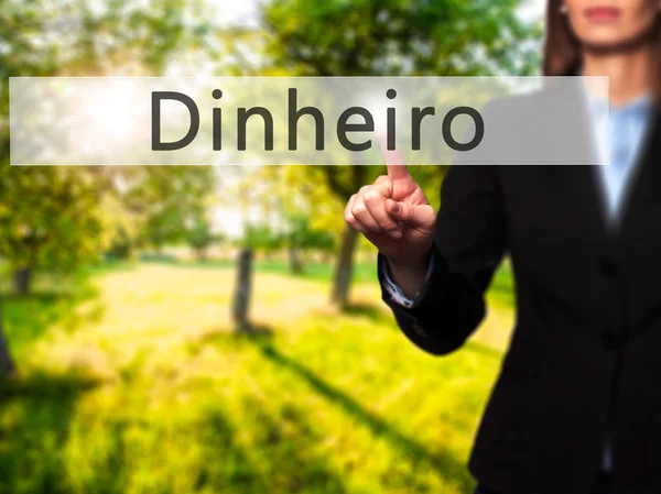 Dinheiro (pengar på portugisiska)-affärskvinna peka fingrar på — Stockfoto