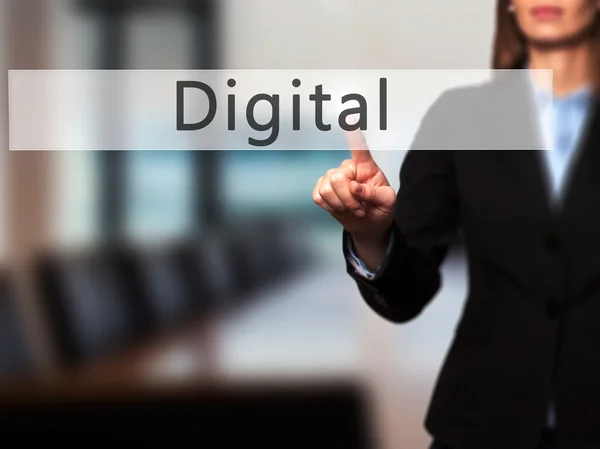 Digital - Geschäftsfrau zeigt mit dem Finger auf Touchscreen und p — Stockfoto