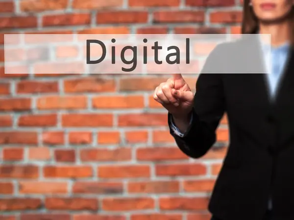 Digital-Business Woman Point finger på push pekskärm och p — Stockfoto