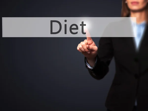 Dieta-kobieta Business Point Finger na push ekran dotykowy i Pres — Zdjęcie stockowe