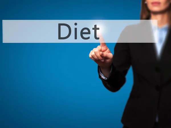 Dieta-kobieta Business Point Finger na push ekran dotykowy i Pres — Zdjęcie stockowe