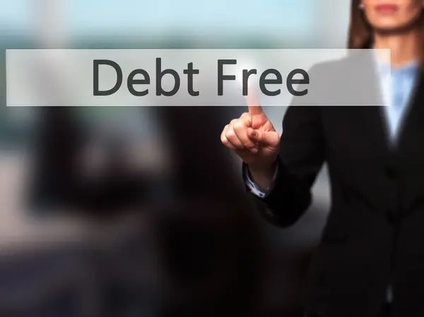Debt Free - biznes kobieta punkt palcem na ekranie dotykowym push i — Zdjęcie stockowe