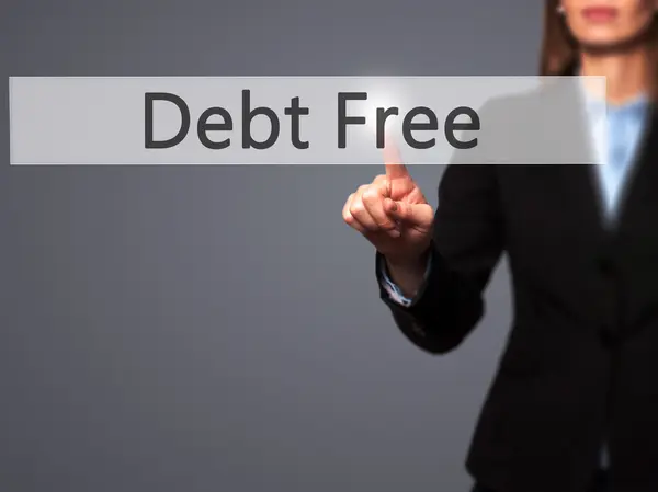 Debt Free - biznes kobieta punkt palcem na ekranie dotykowym push i — Zdjęcie stockowe