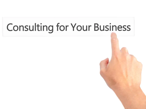 Consulting voor uw bedrijf - Hand indrukken van een knop op wazig — Stockfoto